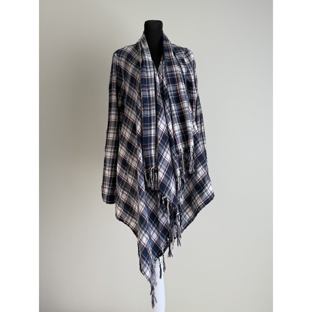 Billabong Plaid Draped Cardigan Jacket Sz L Fringe Waterfall Wrap Boho Grunge